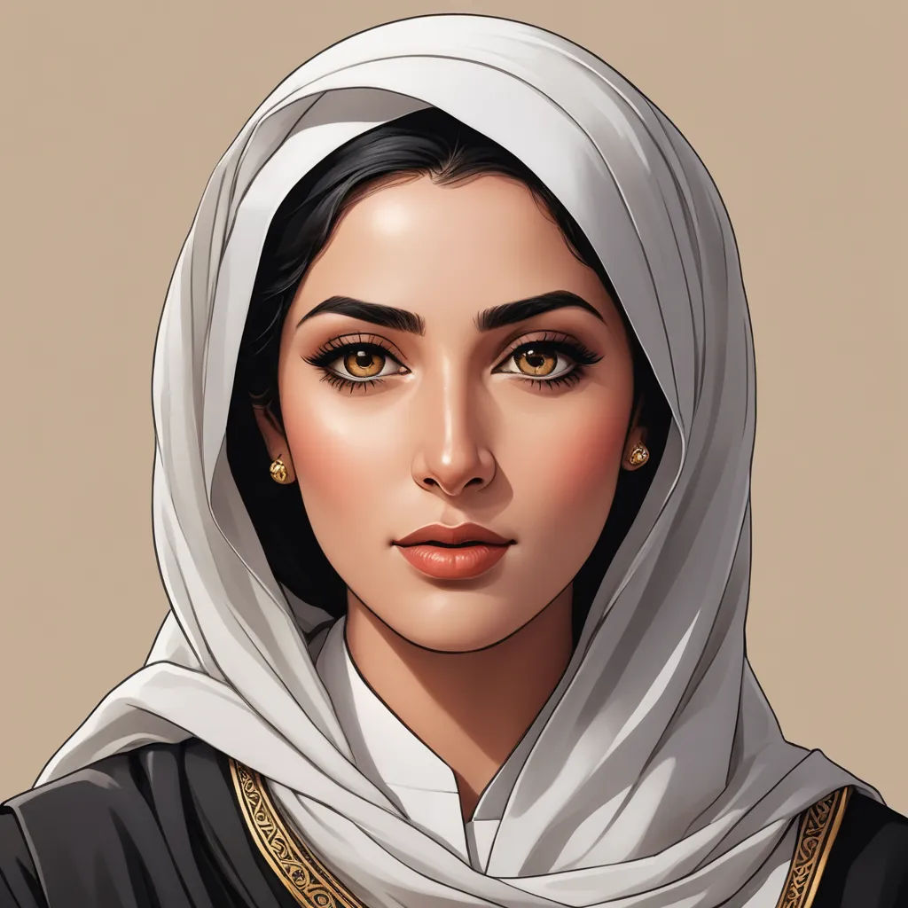 a woman with a white head scarf and a black dress and gold jewelry is looking at the camera with a serious look on her face, qajar art, a detailed painting, Charlie Bowater, realistic shaded perfect face