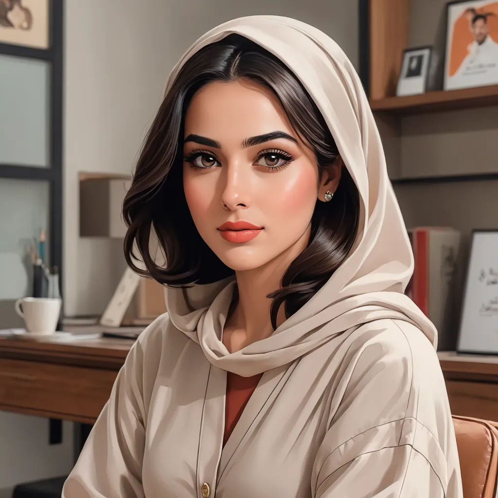 a woman in a white robe sitting at a desk with a laptop computer and a cup of coffee in front of her, computer art, a digital painting, Elina Karimova, professional digital painting