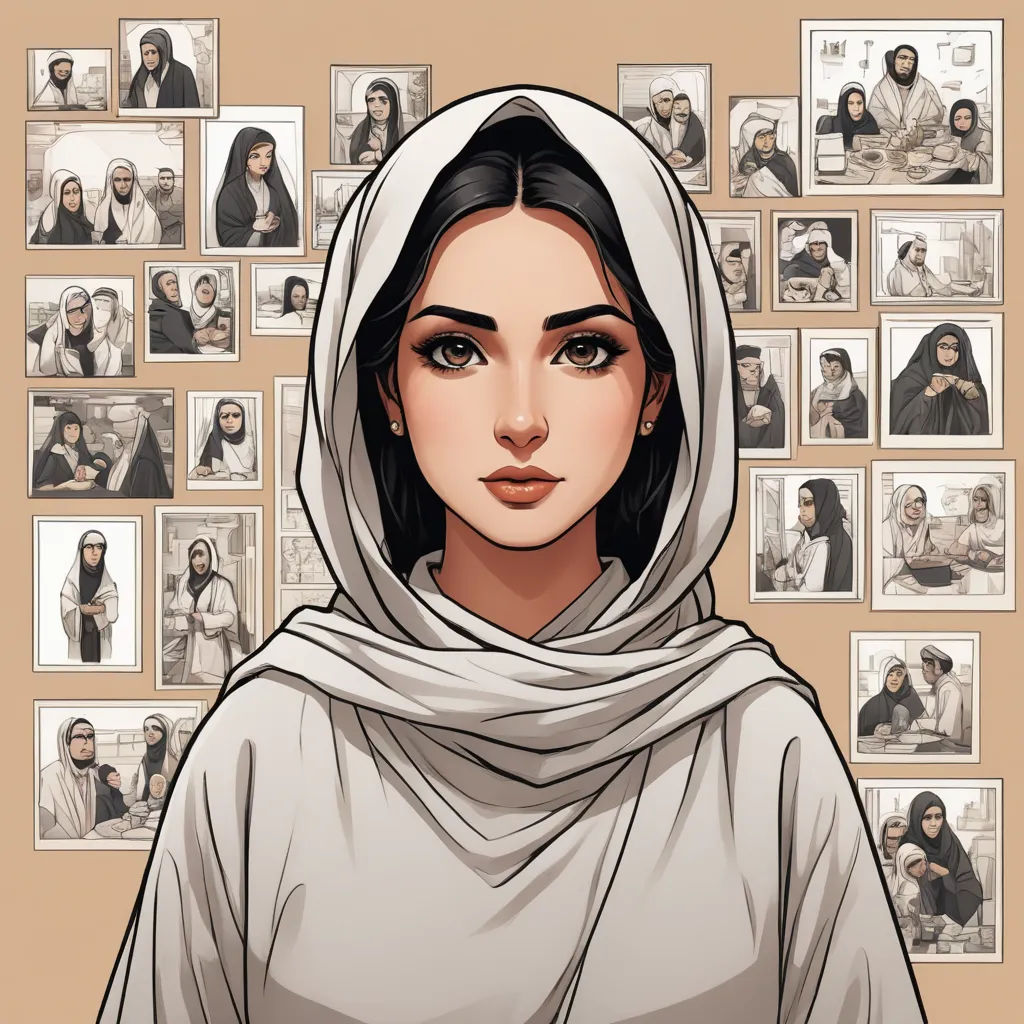 a woman in a white hoodie is standing in front of a wall of portraits of people and a woman with a headscarf, serial art, a comic book panel, Artgerm, comic cover art