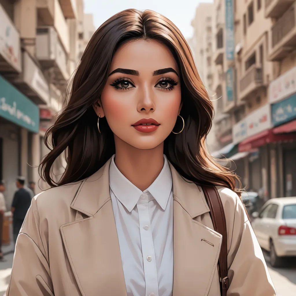 a woman with a brown hair and a tan jacket on a street corner with cars and buildings in the background, aestheticism, a photorealistic painting, Elina Karimova, realistic shaded perfect face