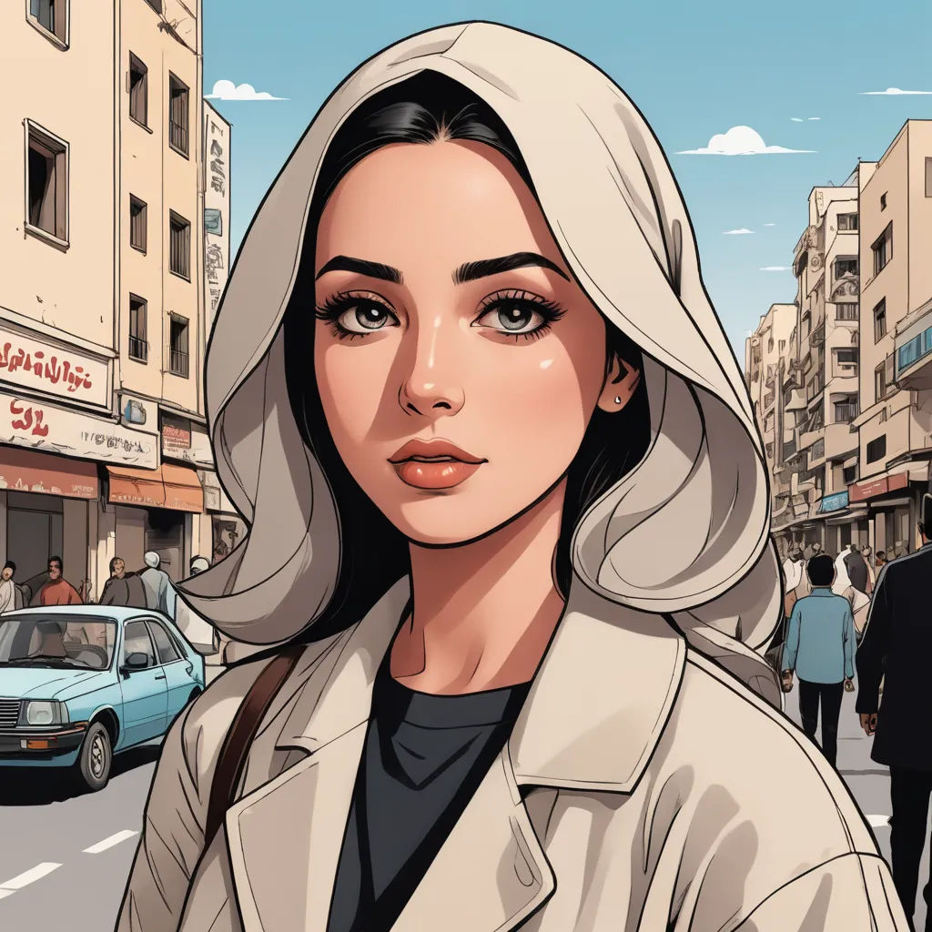 a woman in a white coat is standing on a street corner with a car in the background and a man in a suit is standing on the sidewalk, serial art, a comic book panel, Alena Aenami, comic cover art