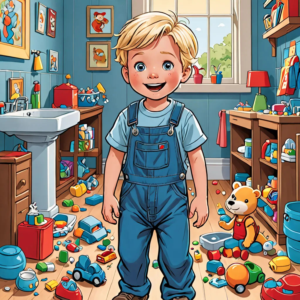 a boy standing in a messy room with toys all around him and a teddy bear on the floor in front of him, lyco art, a storybook illustration, Diego Gisbert Llorens, highly detailed digital painting