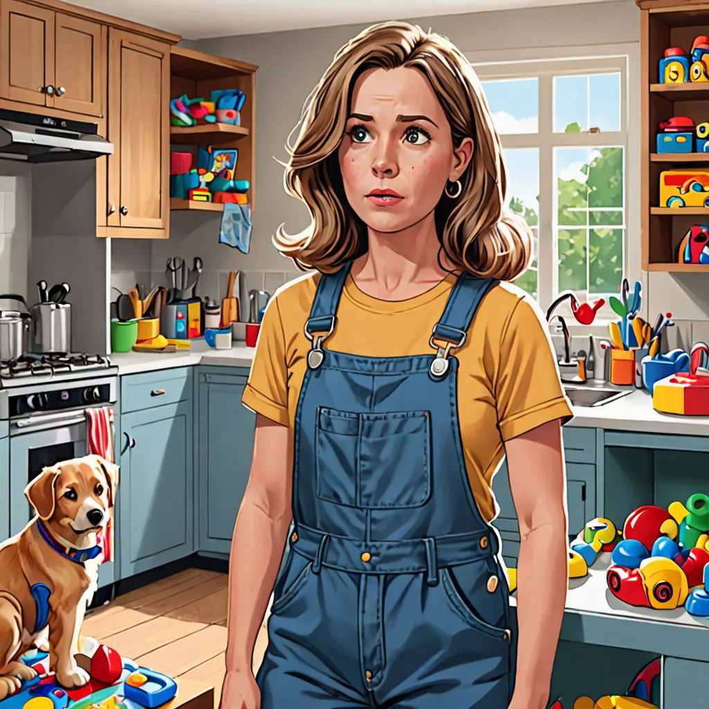 a woman standing in a kitchen with a dog on the floor next to her and a dog on the counter, sots art, a character portrait, F Scott Hess, highly detailed digital painting