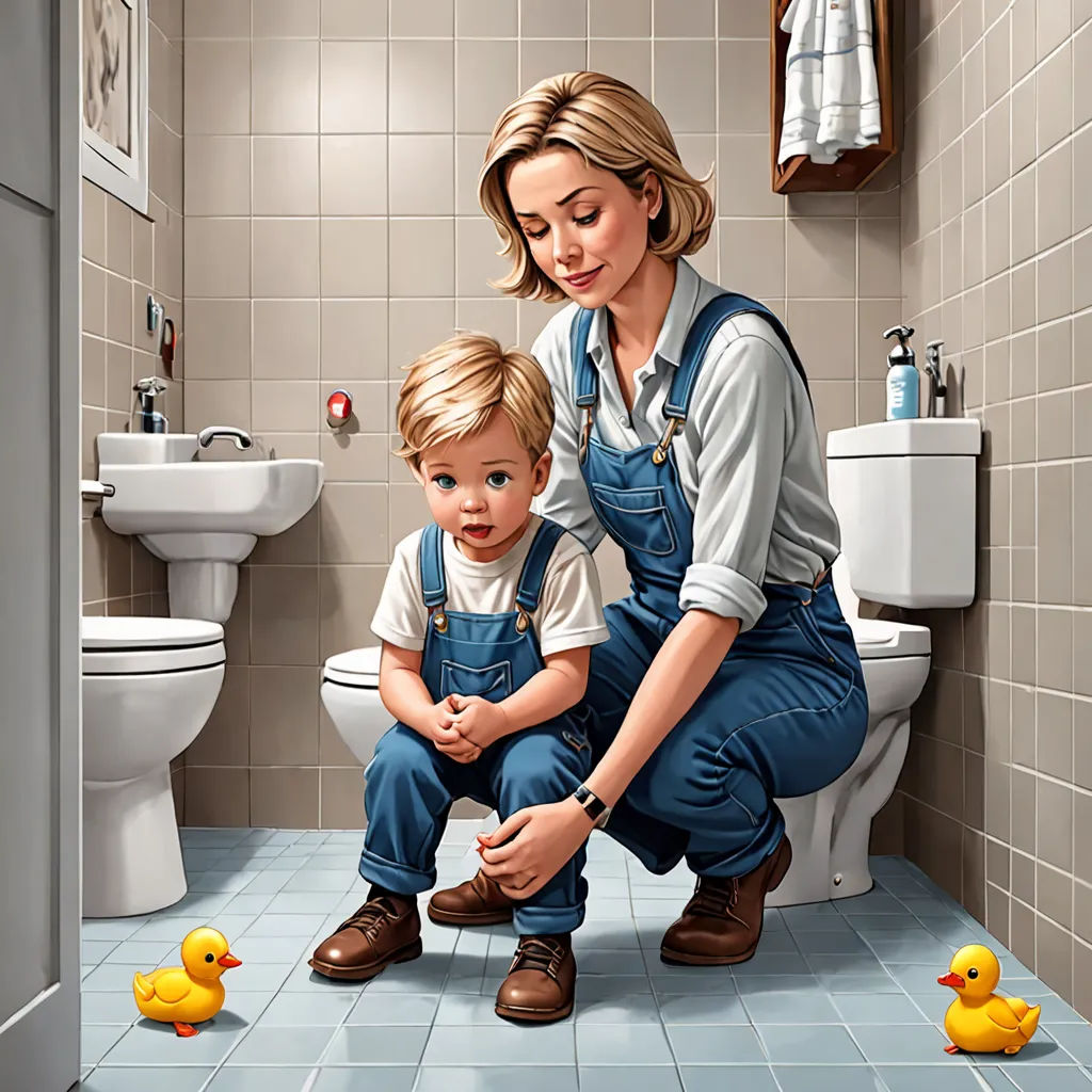 a woman and a child are in a bathroom with ducks on the floor and a toilet in the background, photorealism, a storybook illustration, F. Scott Hess, promotional image