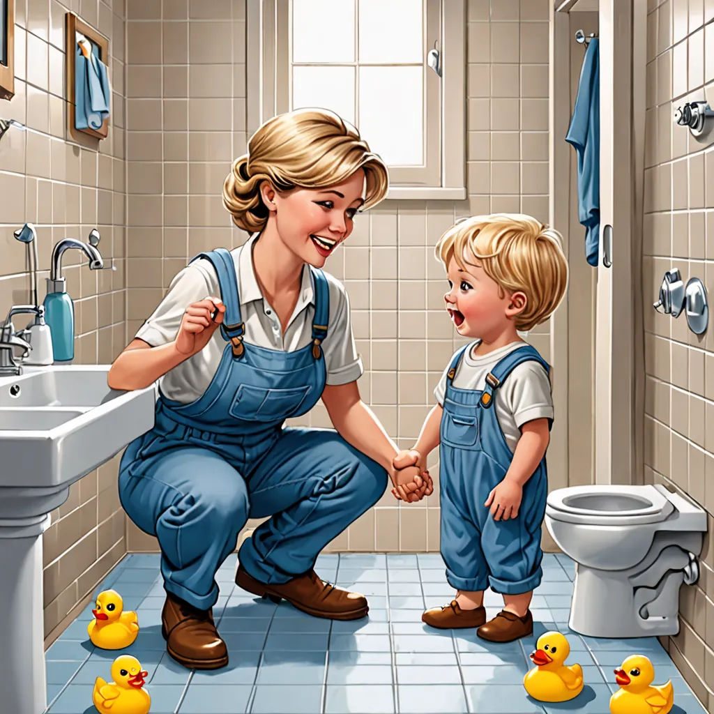 a woman and a child in a bathroom with rubber ducks on the floor and a sink and toilet in the background, photorealism, a storybook illustration, F. Scott Hess, storybook illustration