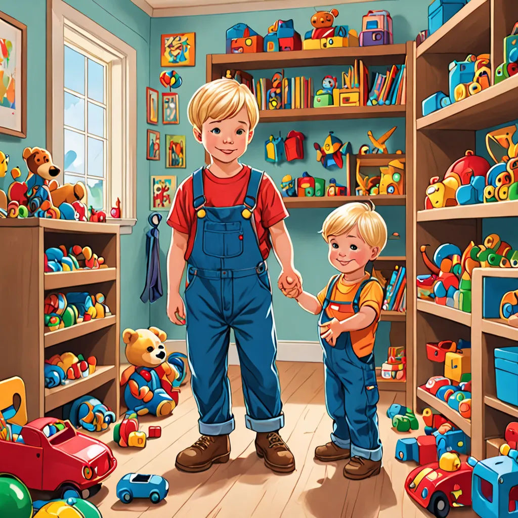 a boy and a boy are standing in a room full of toys and toys on shelves and shelves with teddy bears, lyco art, a storybook illustration, Bob Byerley, highly detailed digital painting