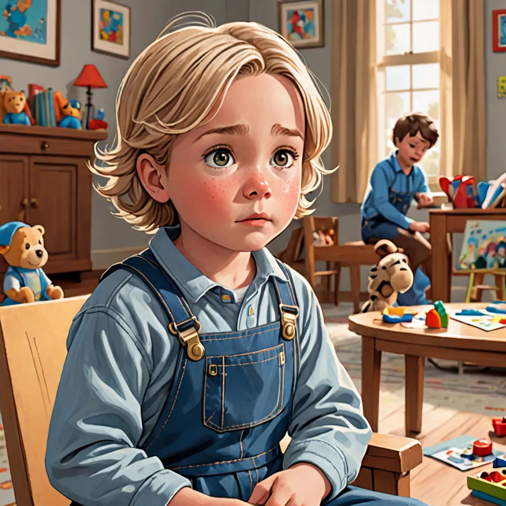 a painting of a child sitting in a chair in a room with other children in the background and a teddy bear on the floor, american scene painting, a storybook illustration, Aaron Jasinski, highly detailed digital painting