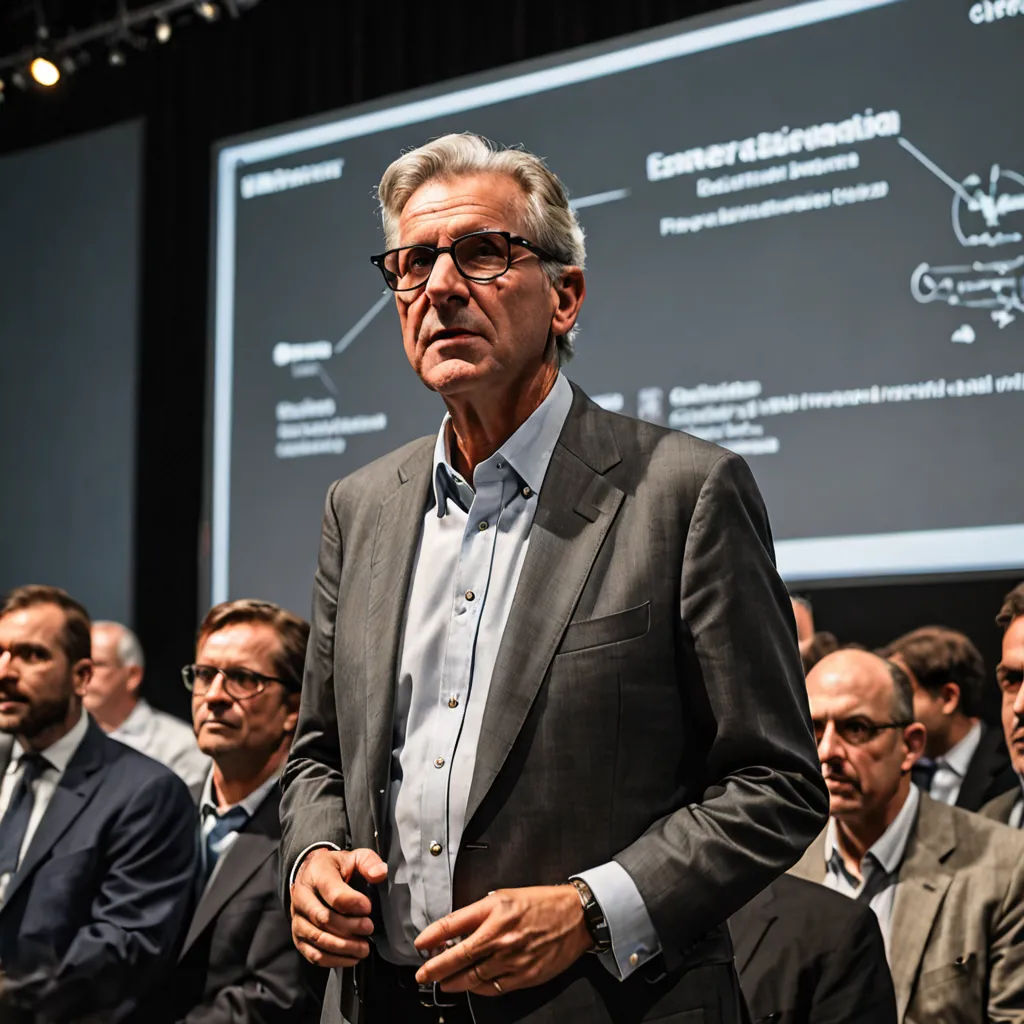 a man in a suit and glasses standing in front of a crowd of people in front of a screen, arbeitsrat für kunst, a photo, Armin Baumgarten, jurgens
