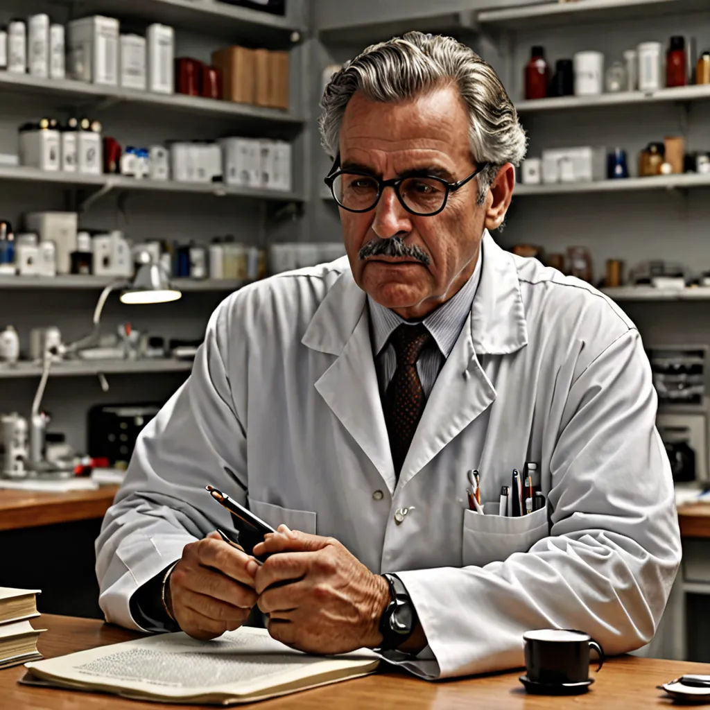 a man in a lab coat sitting at a desk with a pen and paper in his hand and a book in front of him, neoplasticism, a character portrait, Arnold Mesches, promotional image