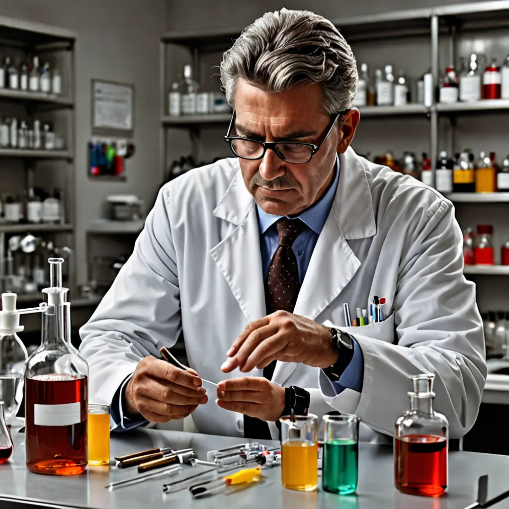 a man in a lab coat is doing something in a laboratory with a lot of bottles and beakles, assemblage, a stock photo, Christian W. Staudinger, promotional image