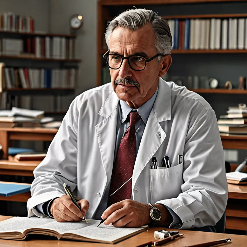 a man in a lab coat sitting at a desk with a book and pen in his hand and a book in his other hand, neoplasticism, a colorized photo, Christian W. Staudinger, promotional image
