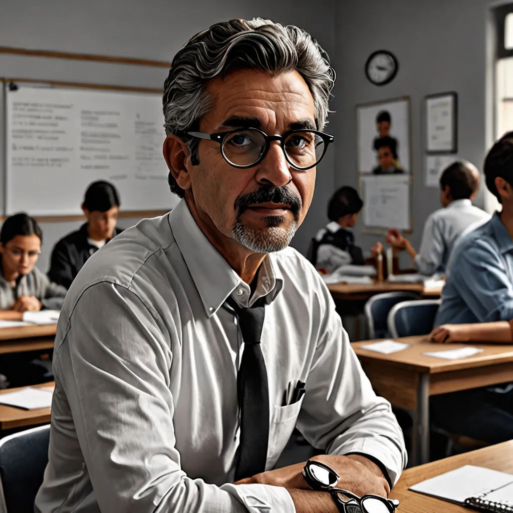 a man in a tie and glasses sitting at a desk in a classroom with other people in the background, institutional critique, a character portrait, Eddie Mendoza, promotional image