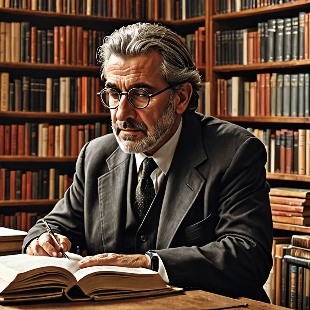 a man in a suit and tie sitting at a desk with a book in front of him and a bookcase full of books behind him, academic art, a colorized photo, David Annand, promotional image