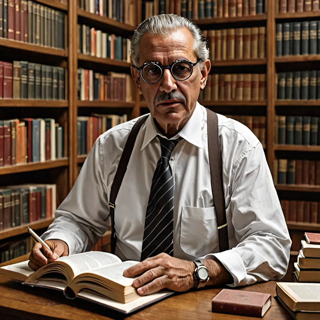 a man sitting at a desk with a book in front of him and a pen in his hand in front of a bookcase, academic art, a character portrait, Ahmed Karahisari, david lazar