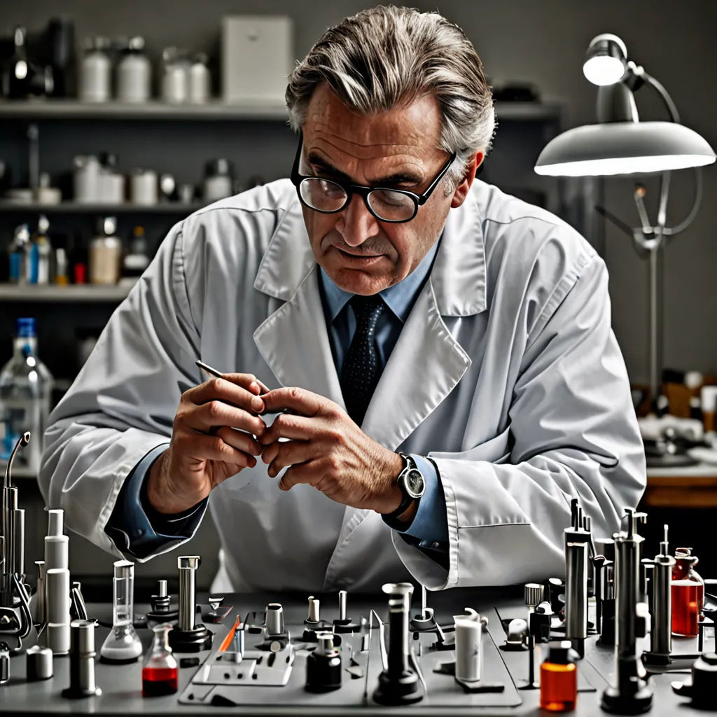 a man in a lab coat is looking at a pipe in a lab filled with test tubes and bottles, assemblage, a microscopic photo, Christian W. Staudinger, promotional image