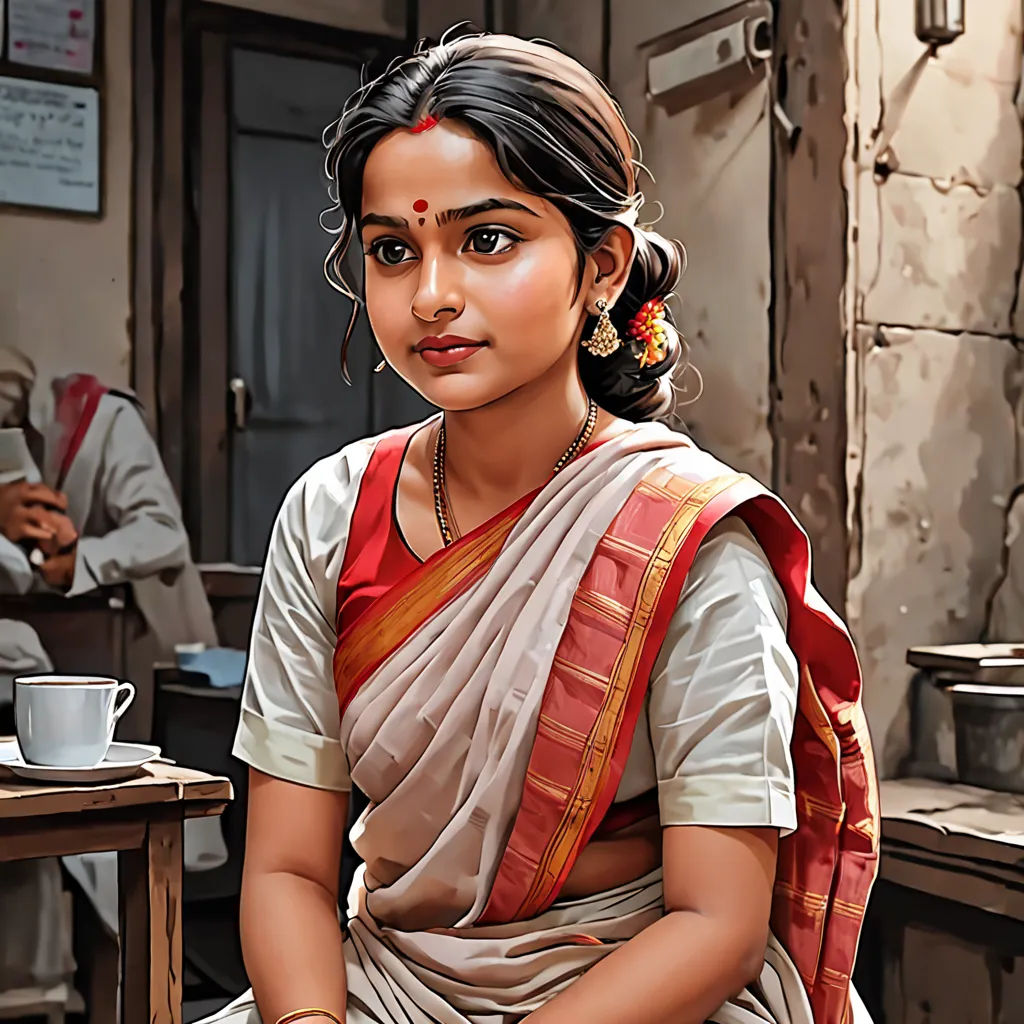 a painting of a woman sitting at a table with a cup of coffee in front of her and a man in the background, Ella Guru, bengal school of art, a detailed painting, highly detailed digital painting
