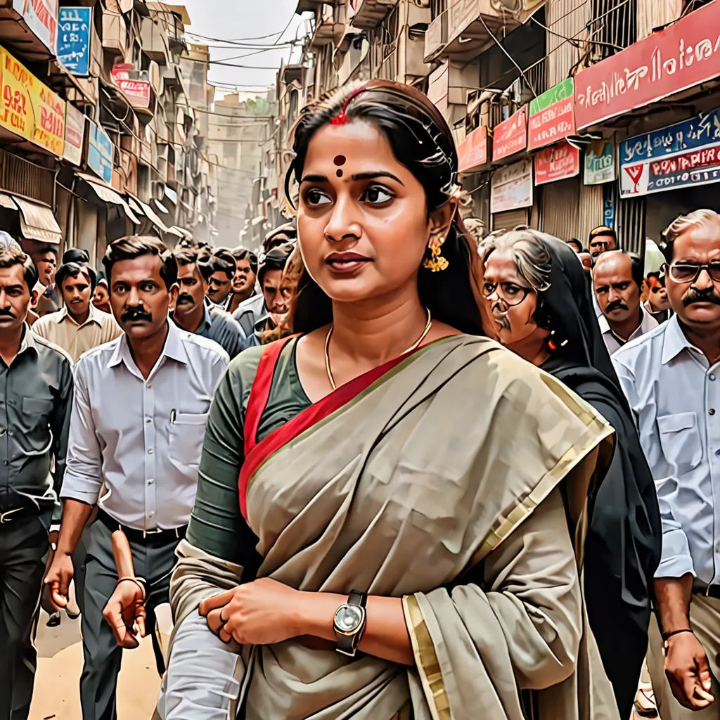 a woman in a sari walking down a crowded street in india with a crowd of people behind her, Ella Guru, samikshavad, a poster, movie still