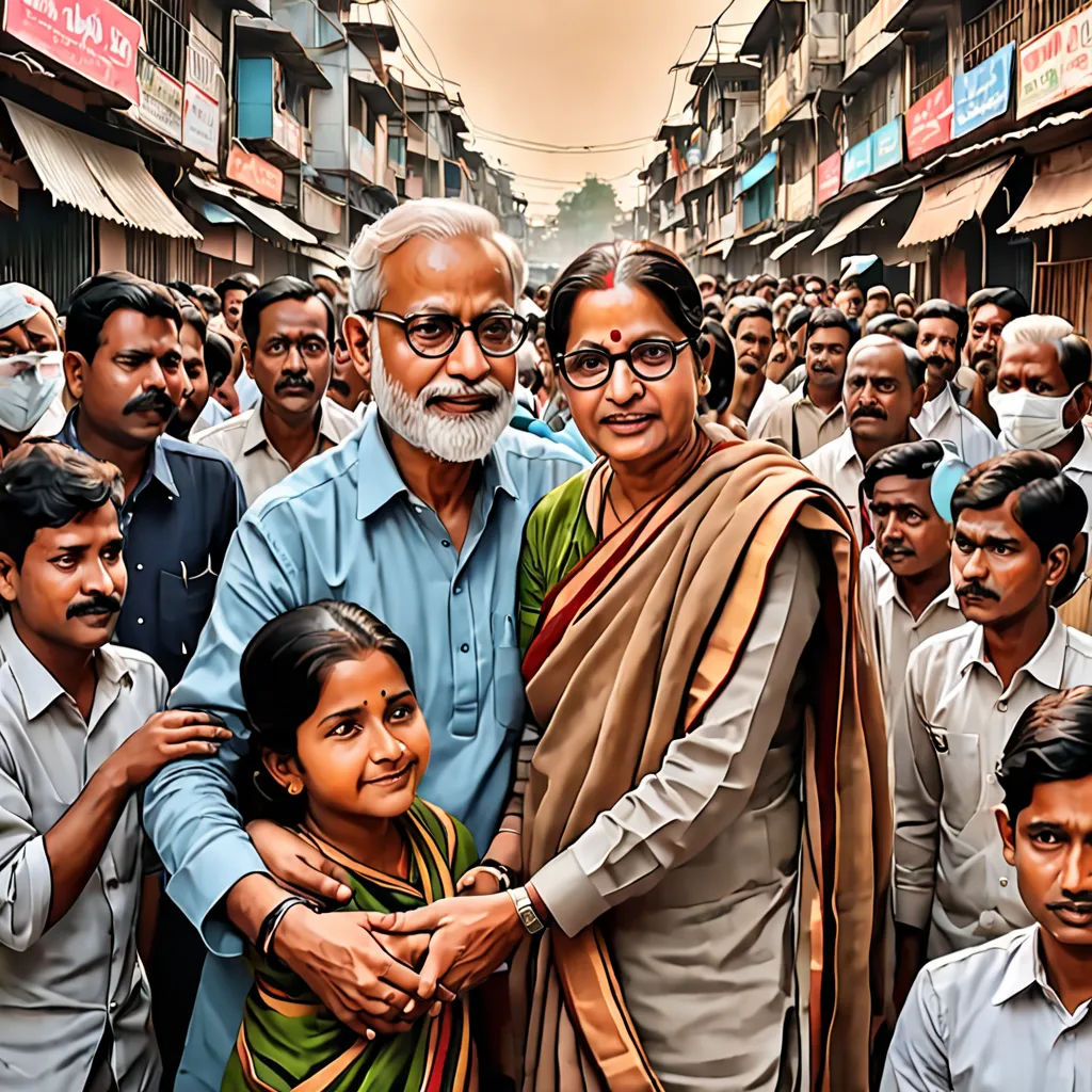 a group of people standing in a street with a man in a blue shirt and a woman in a green sari, Bholekar Srihari, samikshavad, a storybook illustration, movie poster
