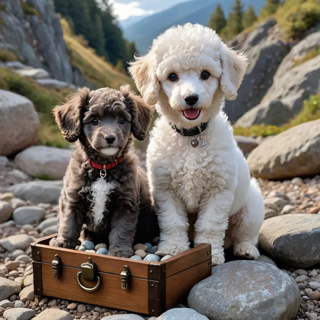 two dogs sitting on a rocky area with a suitcase in front of them and a mountain in the background, private press, a stock photo, Elke Vogelsang, animal photography