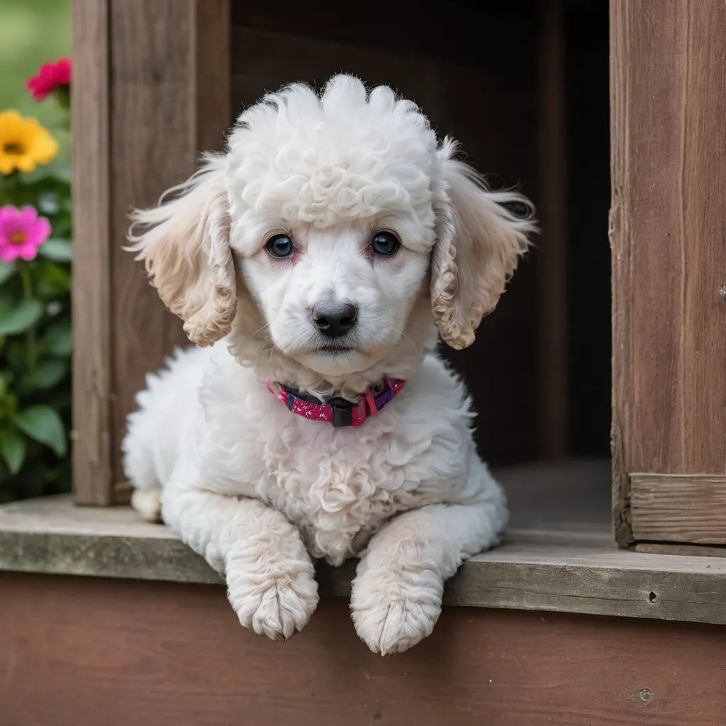 a white dog sitting on a ledge next to a flower pot and a window sill with flowers in the background, rococo, a tilt shift photo, Elke Vogelsang, animal photography