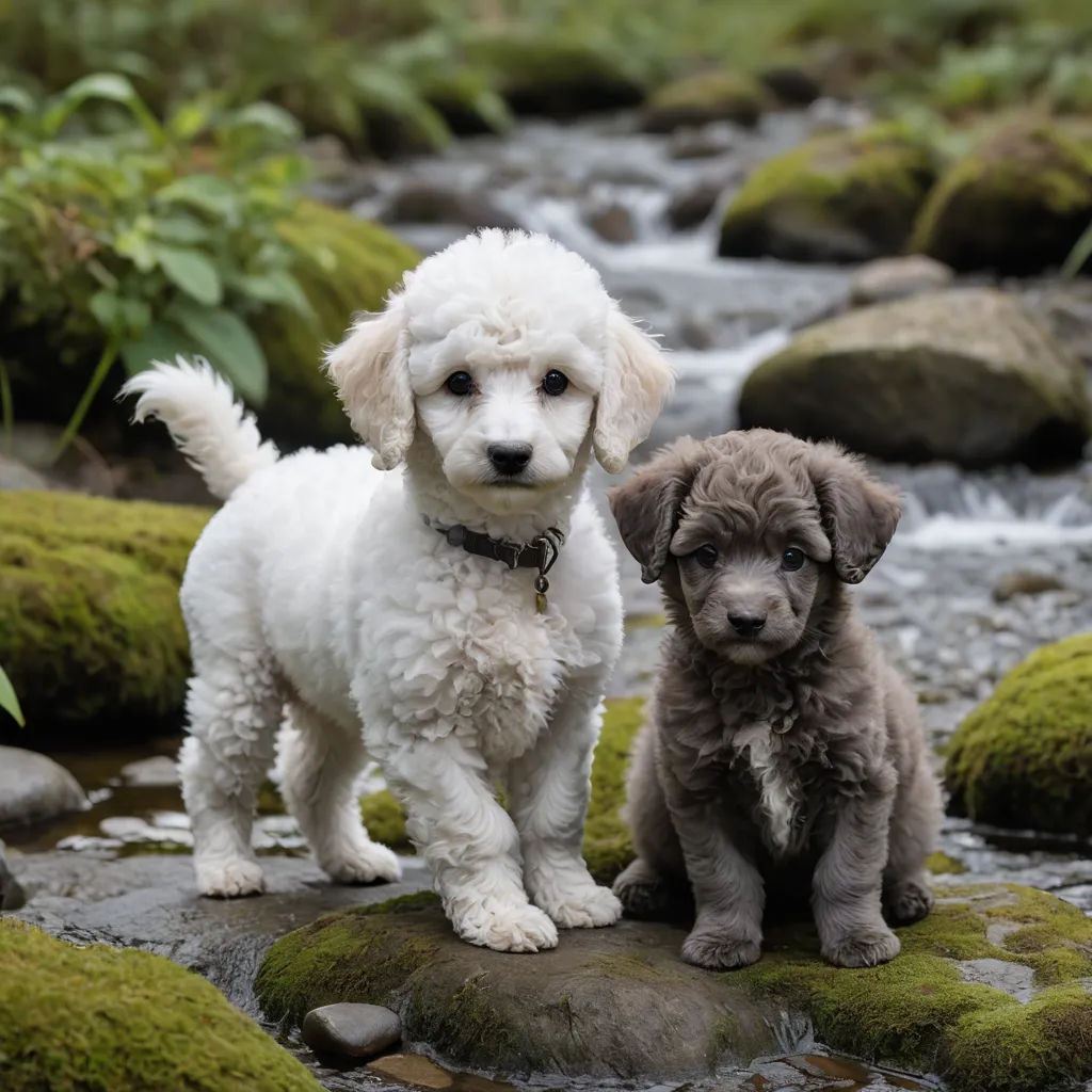 two puppies standing on a rock in a stream of water with moss growing on the rocks and rocks, naturalism, a tilt shift photo, David Budd, animal photography