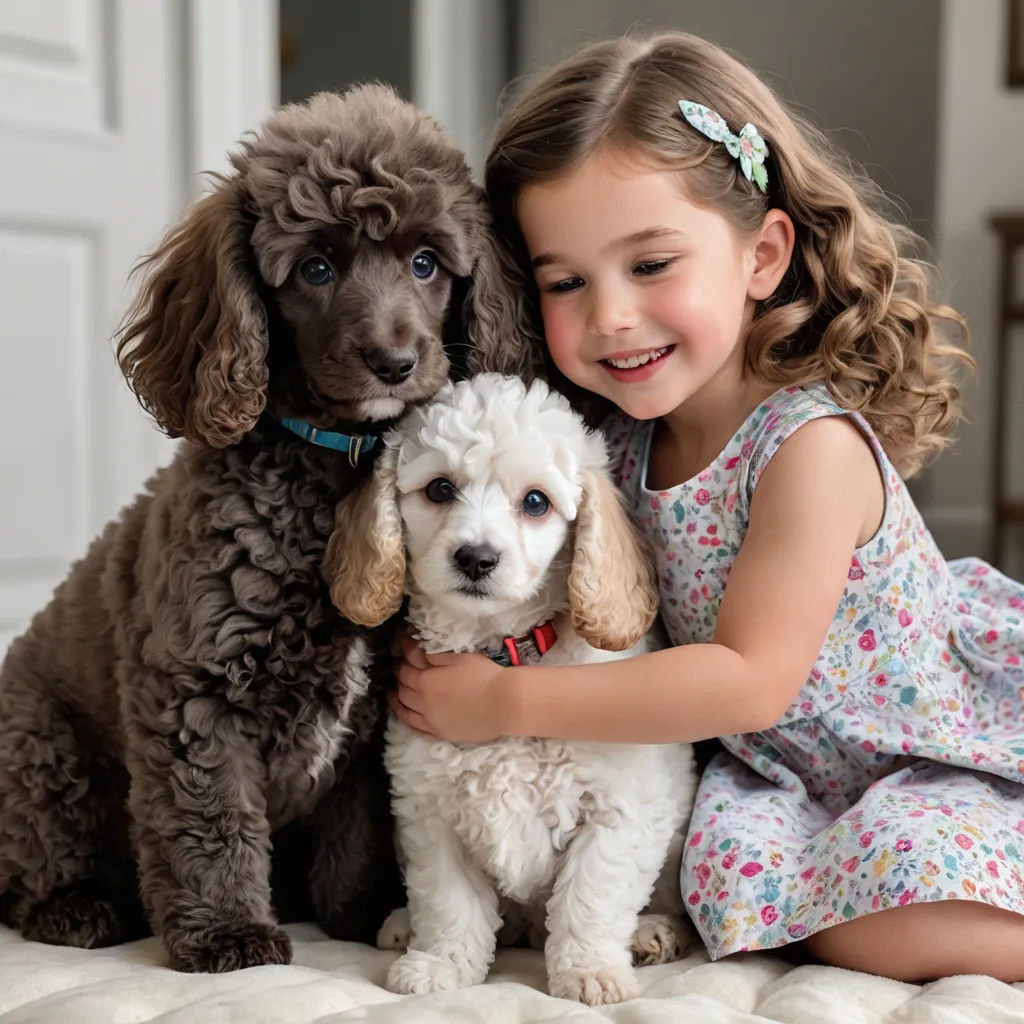 a little girl hugging two dogs on a bed together, both of them are brown and white with a blue collar, rococo, a storybook illustration, Annabel Kidston, animal photography
