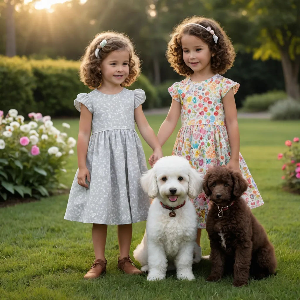 two girls and a dog standing in a field of grass with flowers in the background and a sun shining, private press, a storybook illustration, Caroline Lucy Scott, promotional image