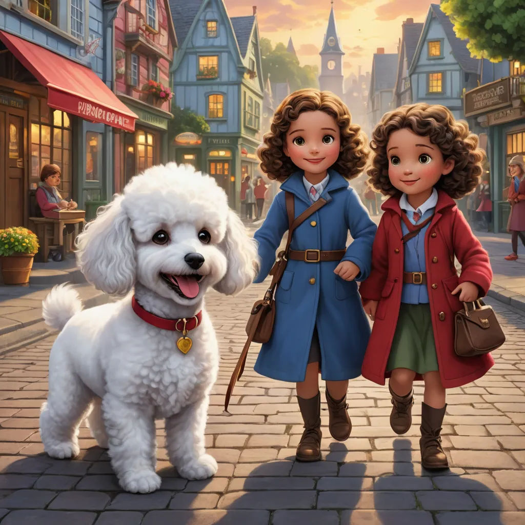 a painting of two girls and a dog on a street with a city in the background and a sunset, american scene painting, an oil painting, disney, official art