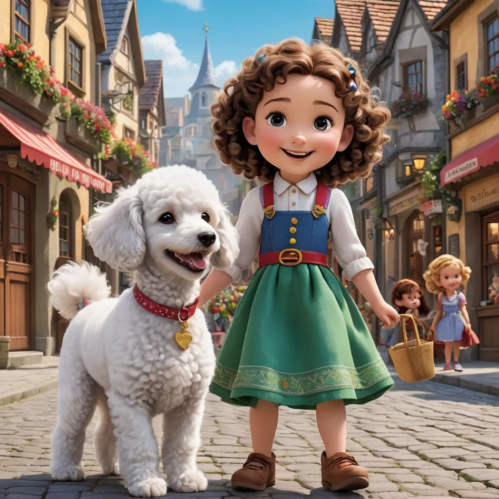 a little girl and a dog are standing in a street in a disney movie scene with a town in the background, arts and crafts movement, a poster, disney, promotional image