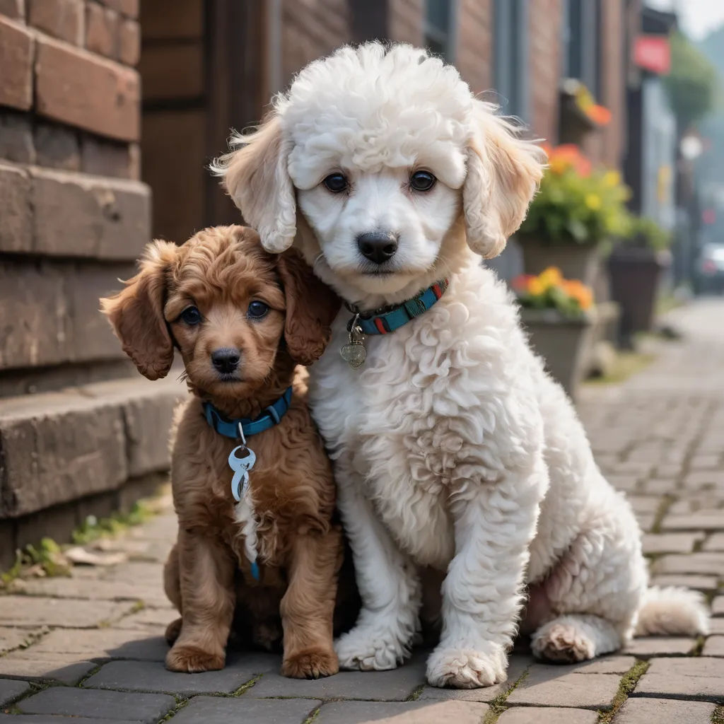 two dogs sitting on a brick sidewalk next to each other on a sidewalk with flowers in the background and a brick building in the background, rococo, a stock photo, Elke Vogelsang, animal photography