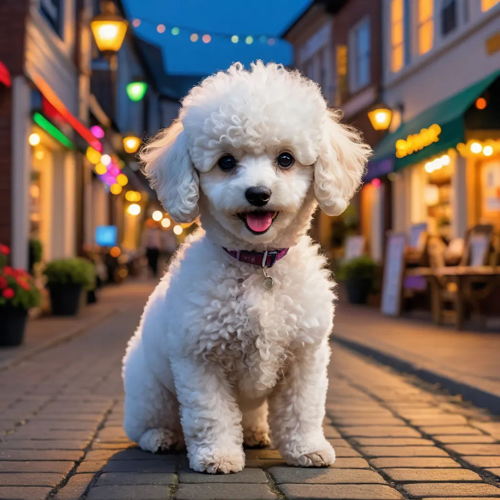 a white poodle sitting on a brick sidewalk in front of a building with lights on it's sides, art photography, a stock photo, Elke Vogelsang, animal photography