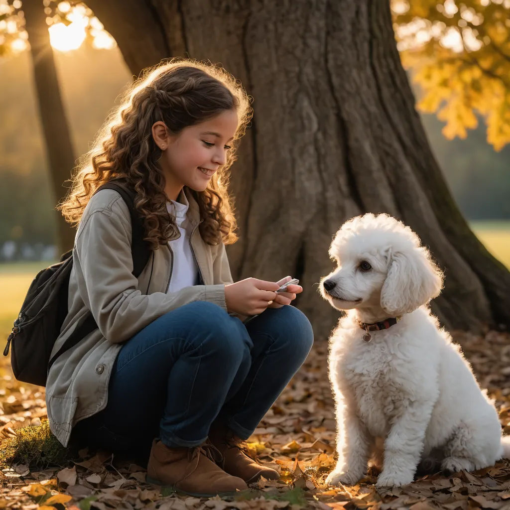 a girl is playing with her dog in the park while the sun is setting on the tree and leaves are falling on the ground, naive art, a stock photo, Elke Vogelsang, portrait photography