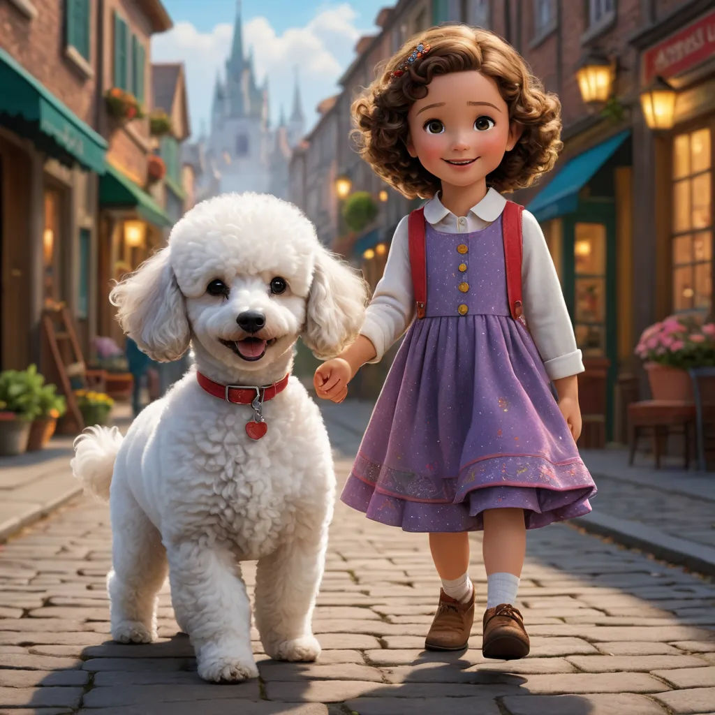 a little girl walking a white dog down a street in a disney movie character's life scene with a castle in the background, magical realism, a poster, disney, promotional image