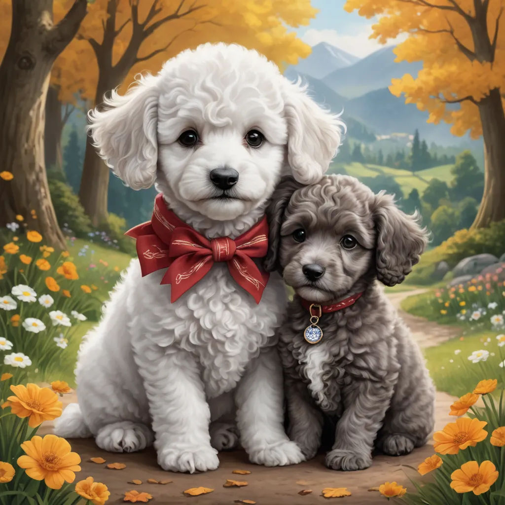 a painting of two dogs sitting in a field of flowers and trees with a red bow tie on their collar, naive art, a storybook illustration, Brothers Hildebrandt, highly detailed digital painting