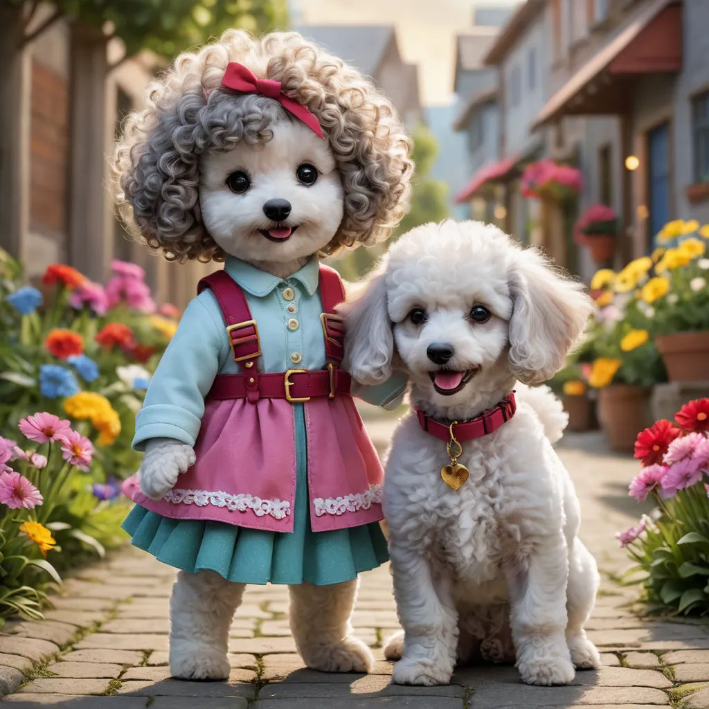 a white dog and a white dog standing next to each other on a sidewalk with flowers in the background, kitsch movement, a tilt shift photo, Anne Said, promotional image