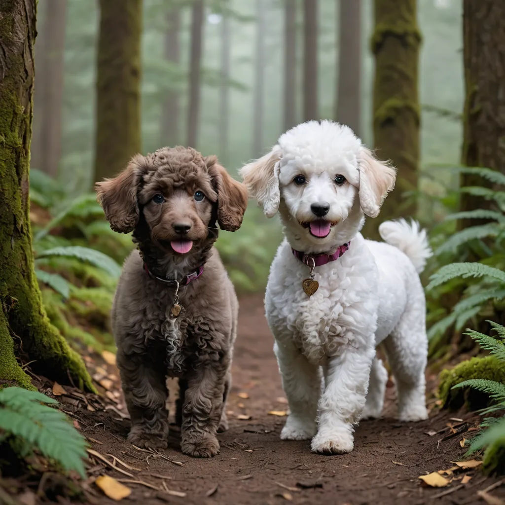 two dogs standing in the woods with trees in the background and fog in the air above them, one is white and the other is brown, incoherents, a tilt shift photo, Elke Vogelsang, animal photography