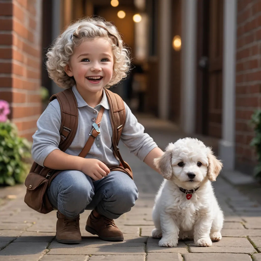 a little girl kneeling down next to a white dog on a sidewalk with a brick building in the background, vancouver school, a stock photo, Elinor Proby Adams, promotional image