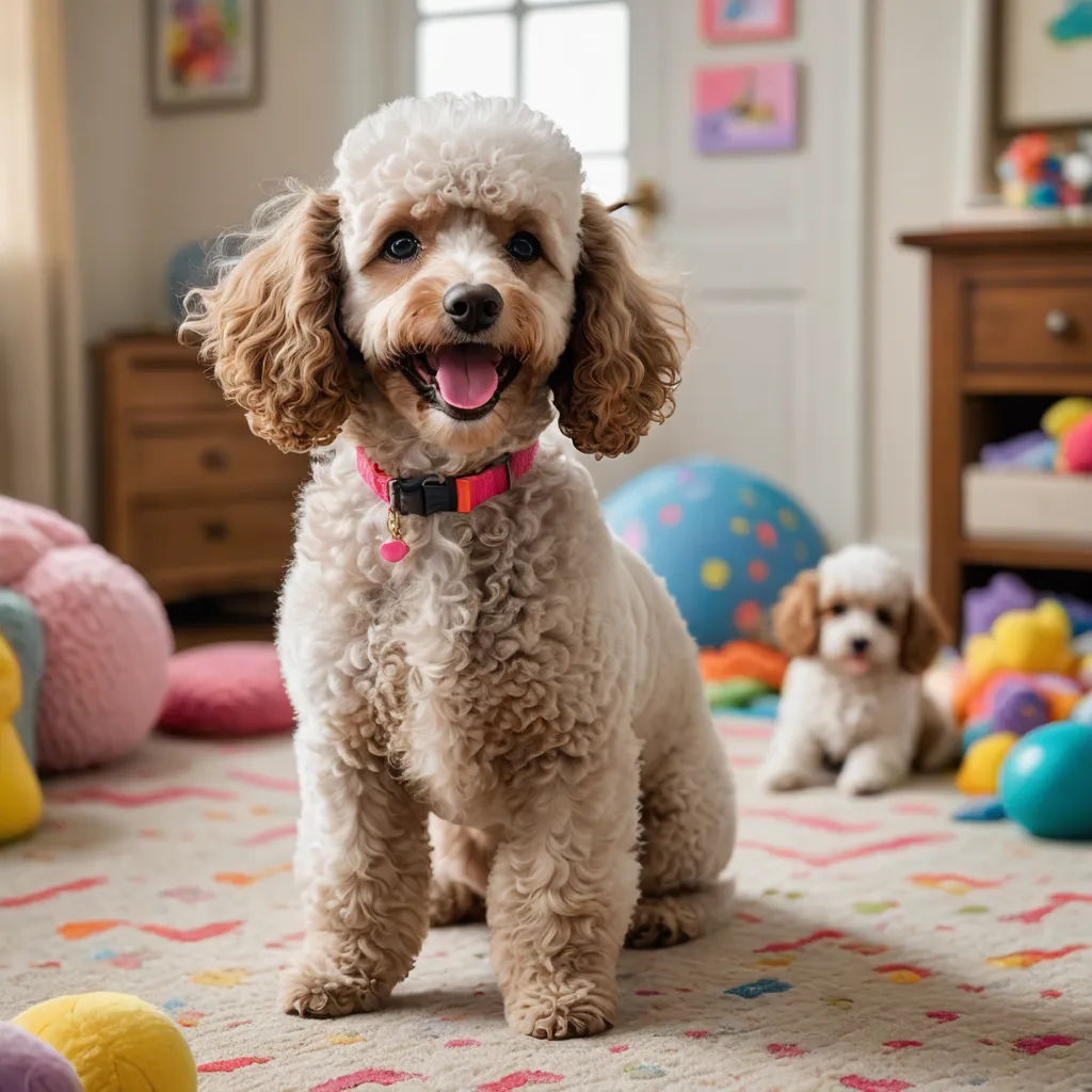 a white dog with a pink bow tie standing in a room with other dogs and toys on the floor, naive art, a tilt shift photo, Chica Macnab, promotional image