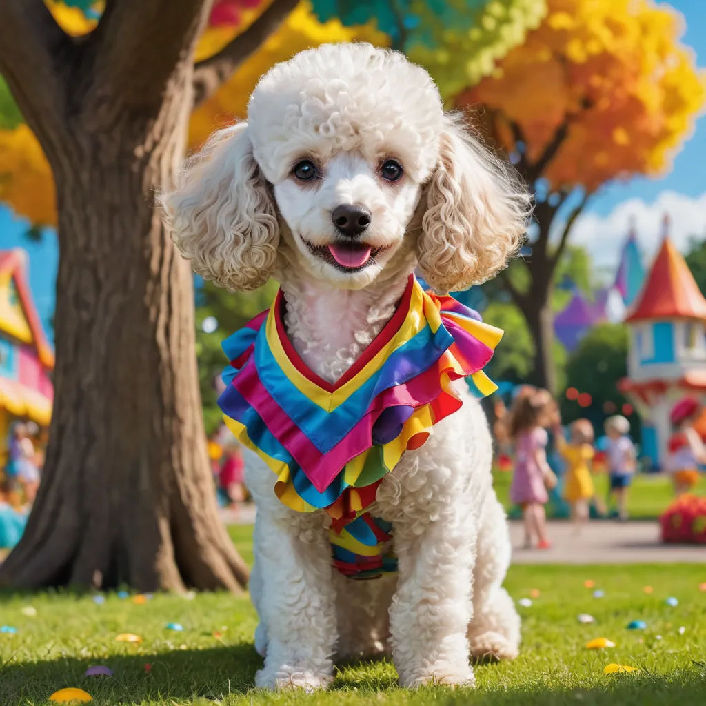 a white poodle wearing a colorful shirt in a park with a tree and people in the background in the background, american impressionism, a tilt shift photo, disney, promotional image