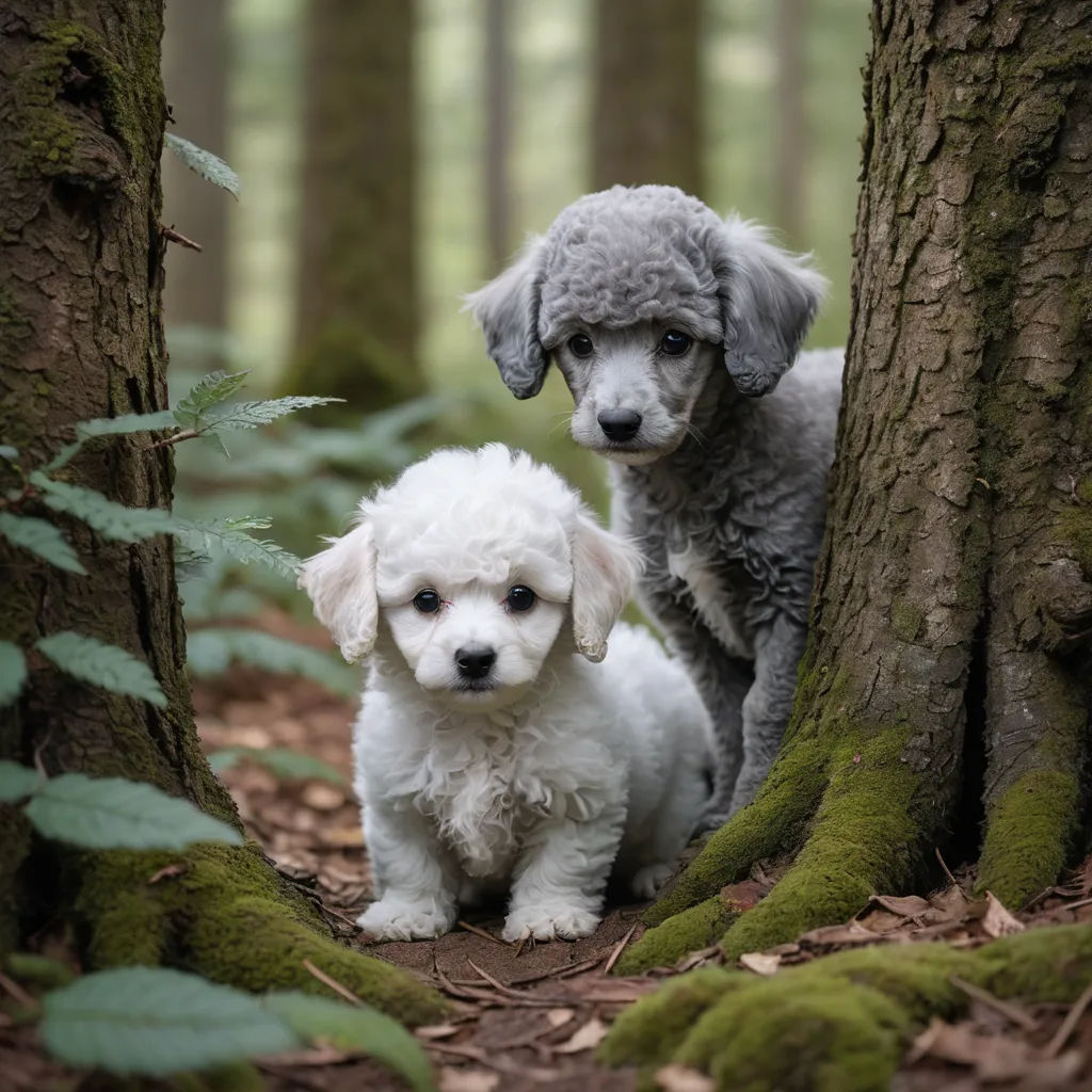 two poodle puppies sitting in the woods next to a tree trunk and ferns on the ground,, naturalism, a tilt shift photo, Elke Vogelsang, animal photography