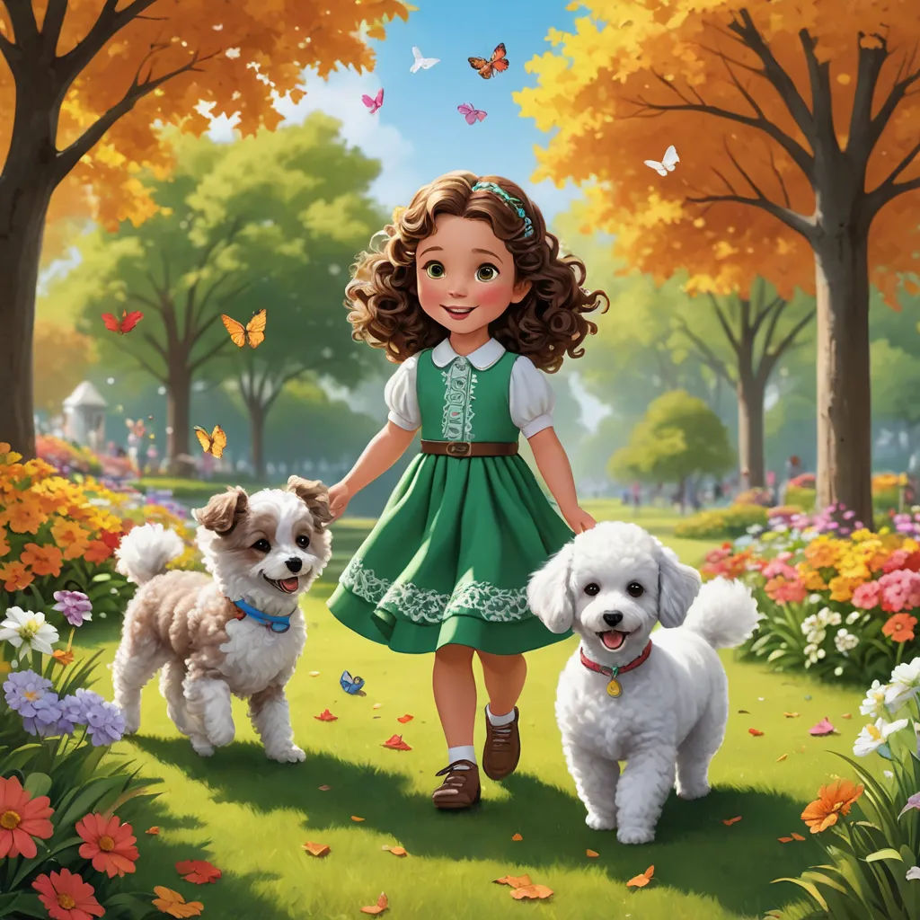 a painting of a girl and two dogs in a park with flowers and butterflies around her and a butterfly in the sky, american scene painting, a storybook illustration, Alice Prin, official art