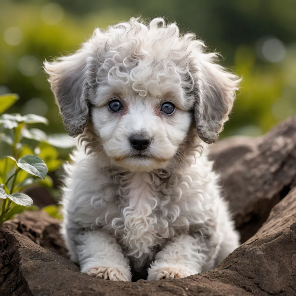 a white puppy sitting on a rock with a blue eyes and a bush in the background with leaves and grass, rococo, a photocopy, Elke Vogelsang, cute and adorable