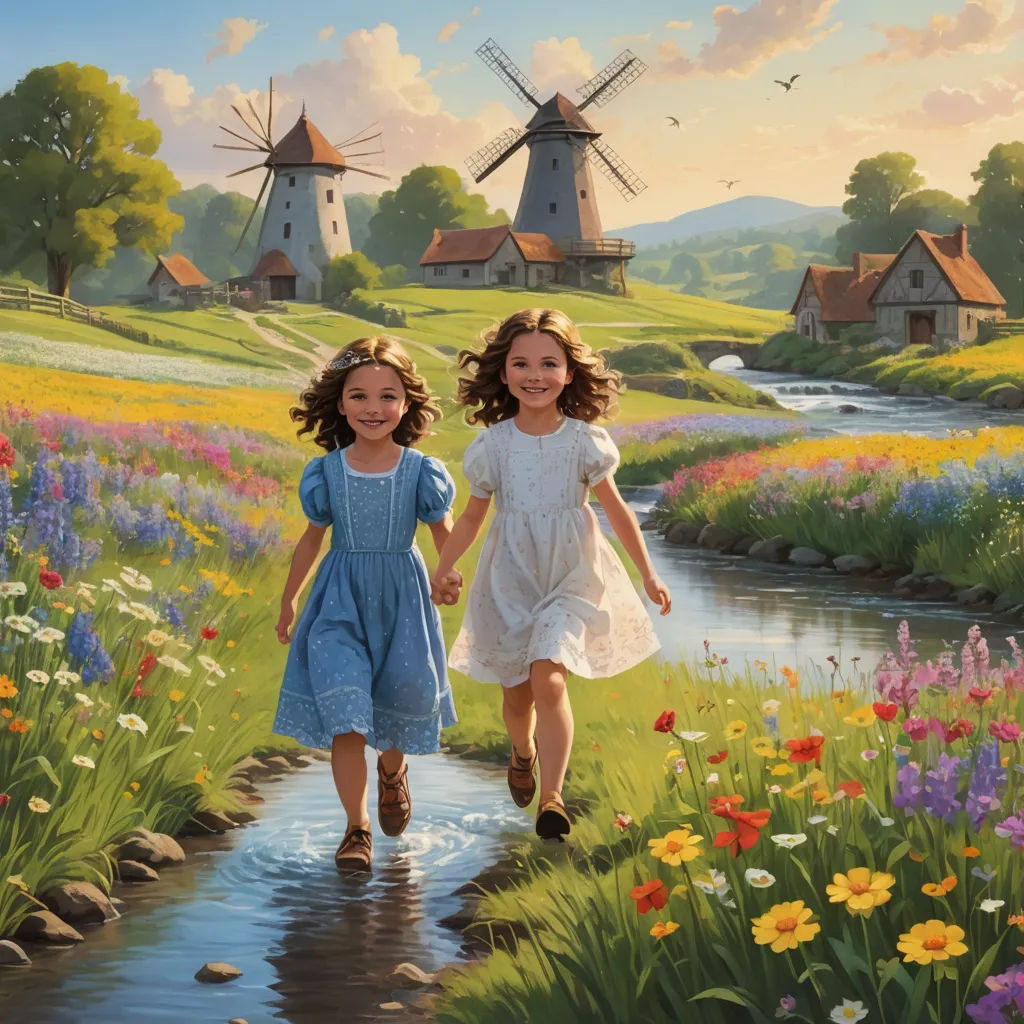two girls are walking through a field of flowers and windmills in the background, with a stream running through the field, american scene painting, a storybook illustration, Brothers Hildebrandt, highly detailed digital painting