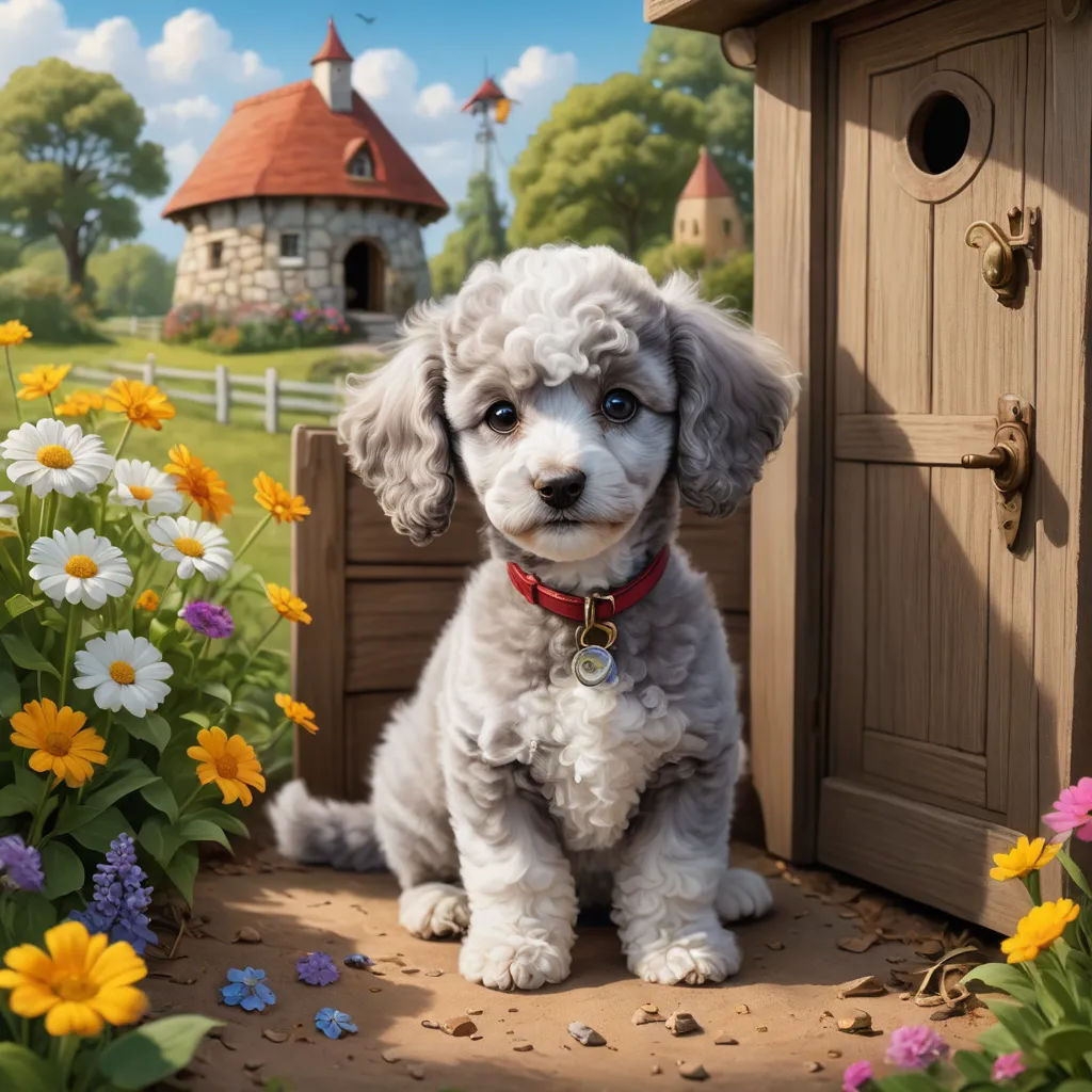 a dog sitting in front of a wooden door with flowers around it and a birdhouse in the background, photorealism, a photorealistic painting, Chris LaBrooy, highly detailed digital painting