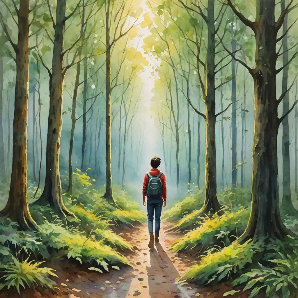 a painting of a person walking in the woods with a backpack on their back and a bright light coming through the trees, fantasy art, a storybook illustration, Dan Mumford, official art
