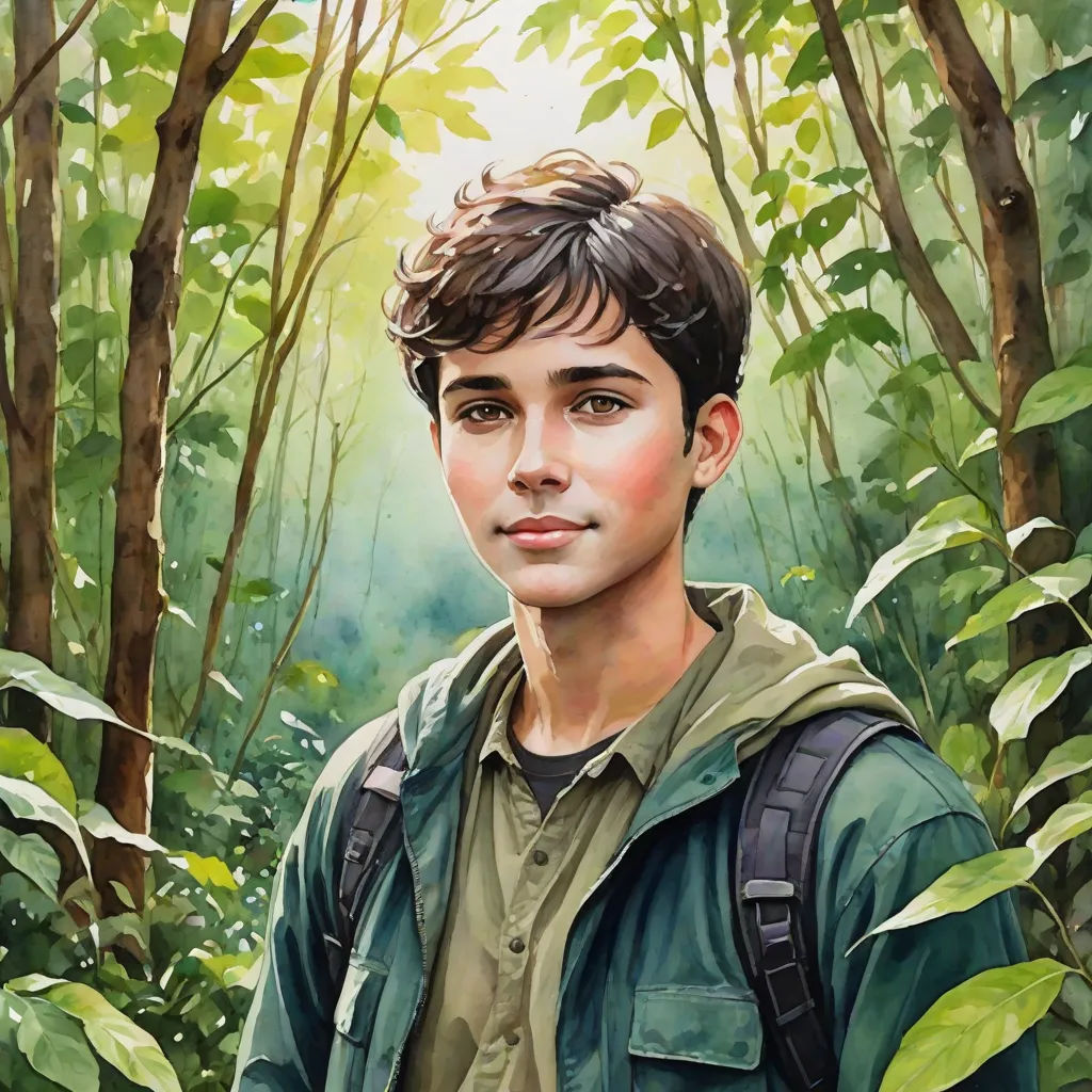 a painting of a boy in a forest with trees and bushes in the background, with a backpack on his shoulder, photorealism, a photorealistic painting, Aaron Jasinski, official art