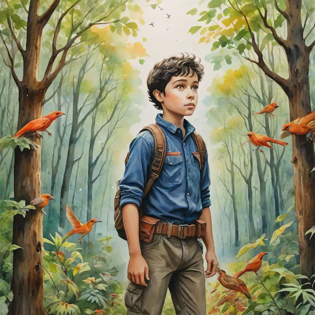 a painting of a boy in a forest with birds flying around him and a bird in the air above him, fantastic realism, poster art, Aaron Jasinski, key art