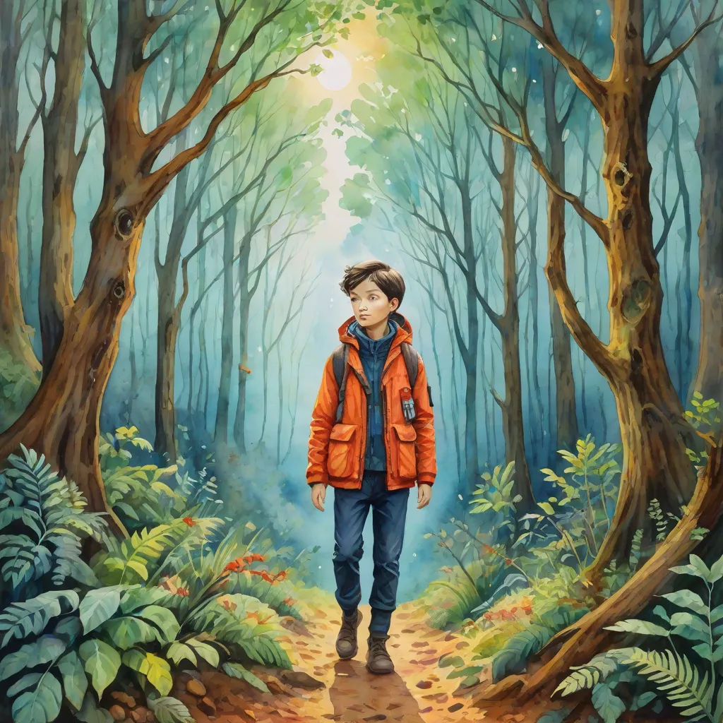 a painting of a boy walking through a forest with trees and leaves on the ground and a bright light coming from behind him, fantastic realism, an oil painting, David Brewster, highly detailed oil painting