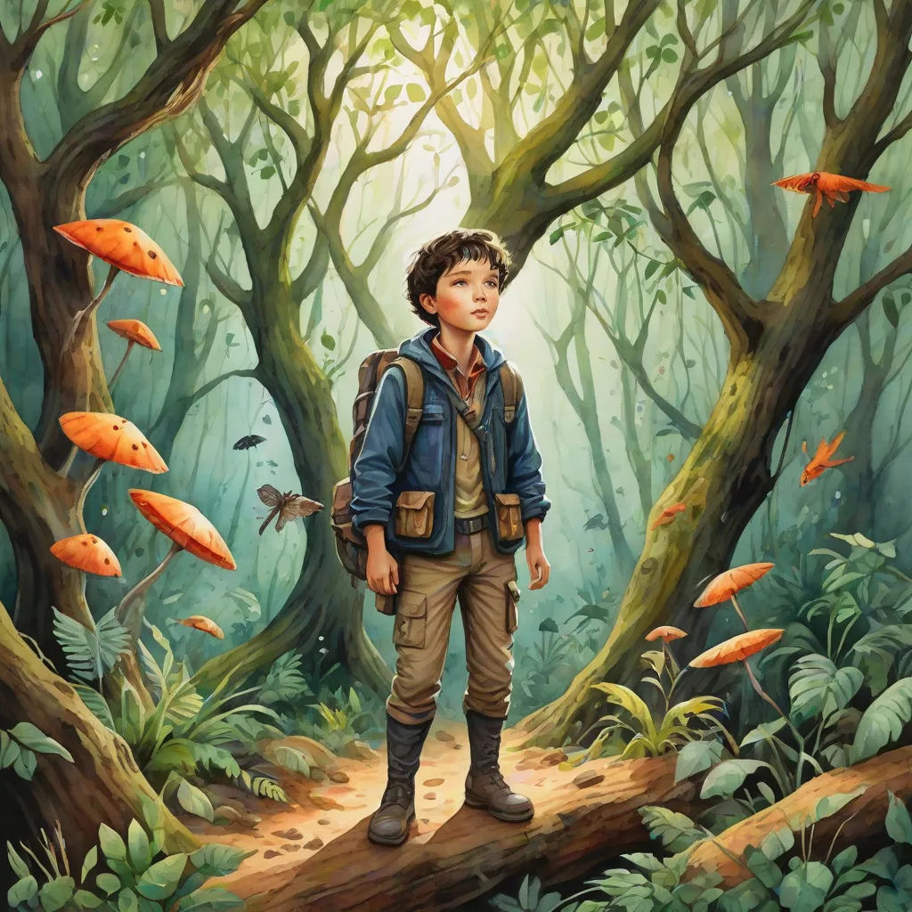 a painting of a boy standing in a forest with fish in the air and a path leading to him, fantasy art, a storybook illustration, Aaron Jasinski, official art