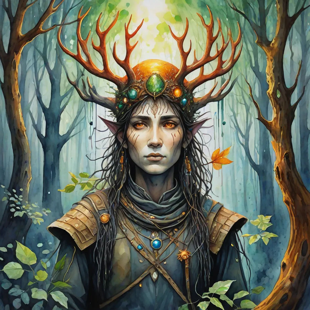 a painting of a woman with horns and a deer's head in the woods with leaves on her head, fantasy art, a character portrait, Esao Andrews, magic the gathering artwork